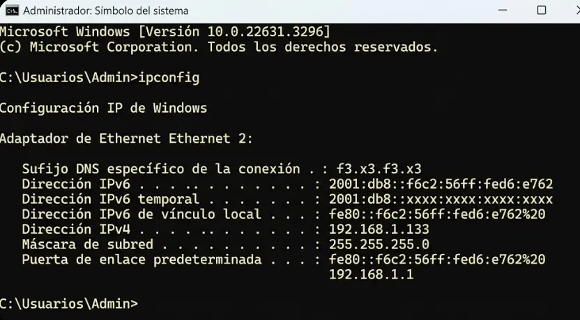 Comando ipconfig en Windows mostrando la puerta de enlace