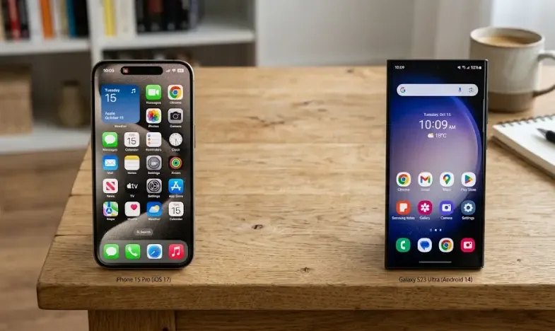 Pantalla de inicio de iPhone junto a pantalla de inicio de Android