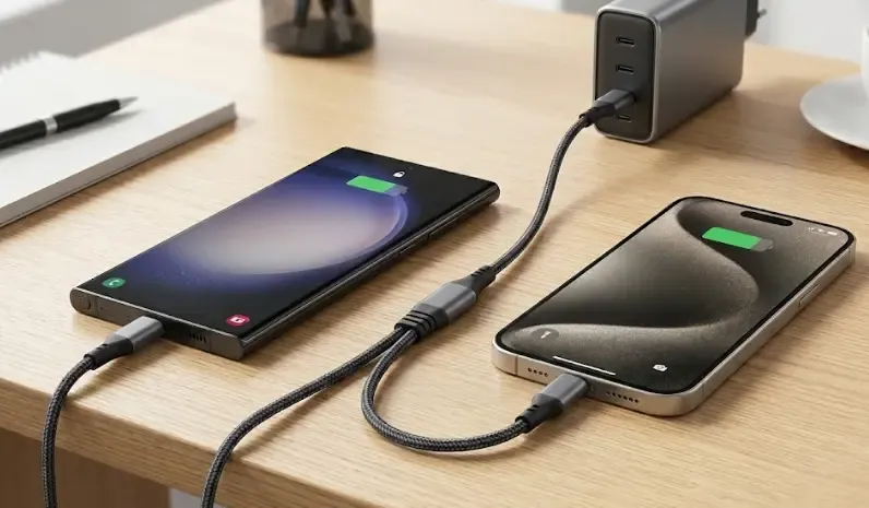 iPhone 15 con conector USB-C junto a un cable universal