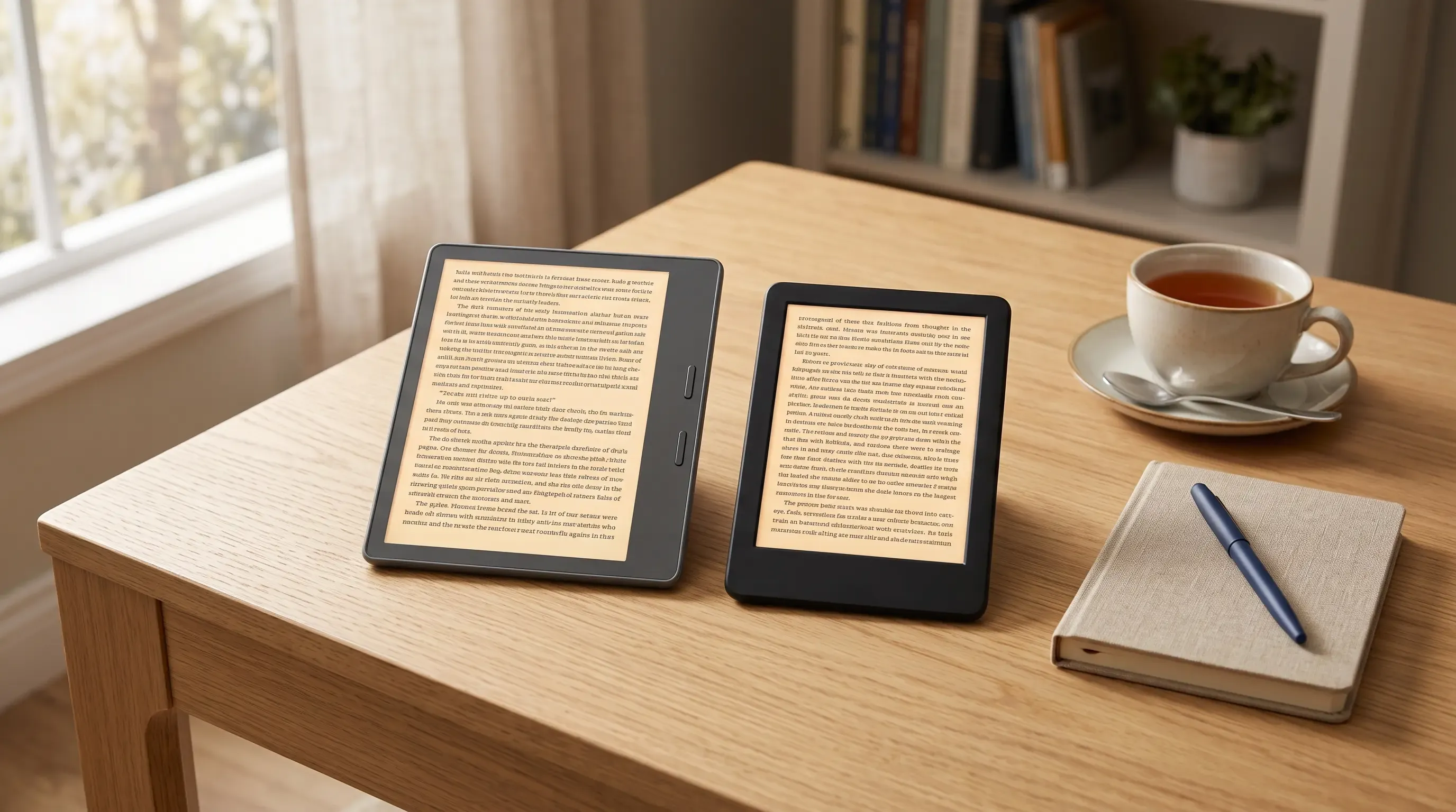 Kindle Paperwhite y Kobo Clara BW sobre una mesa de madera durante la prueba comparativa