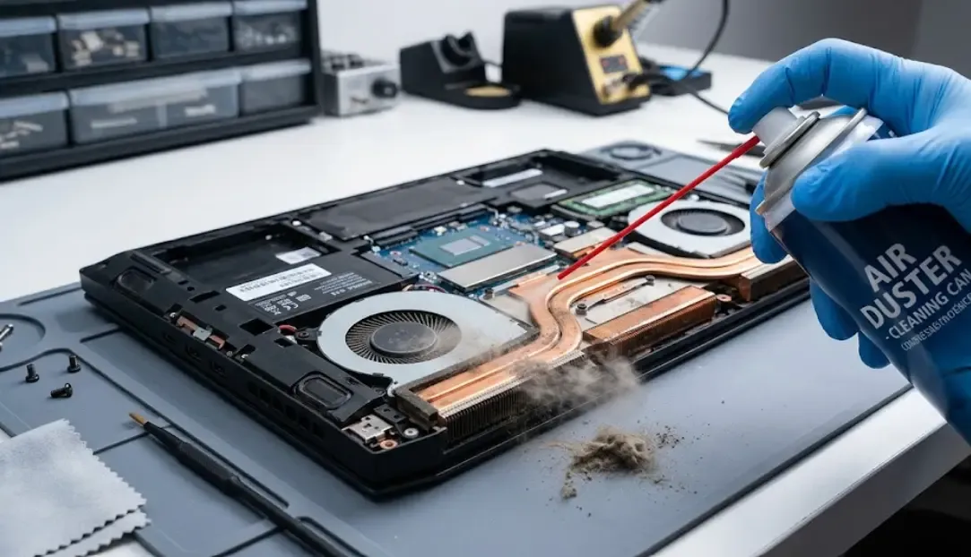 limpieza de ventiladores de un ordenador portátil con aire comprimido