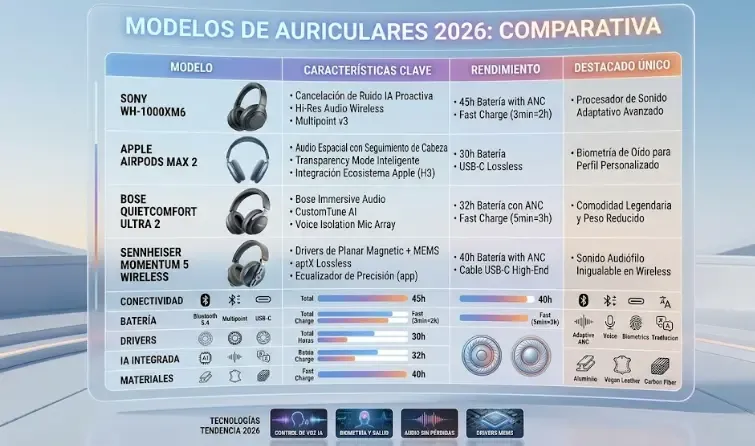 Diferentes modelos de auriculares probados: diadema, TWS, baratos y premium