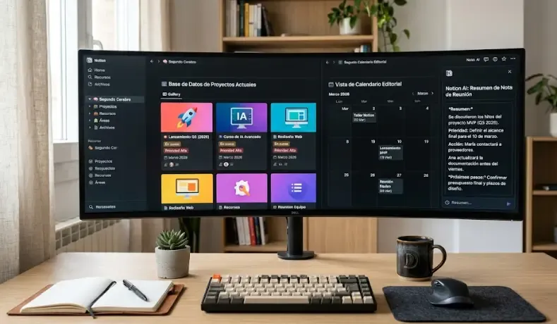 Primer plano fotorrealista de un monitor ultrawide en un escritorio minimalista de madera clara. La pantalla muestra un "Segundo Cerebro" completo en Notion: base de datos de proyectos, vista de calendario y un widget de Notion AI resumiendo una nota.