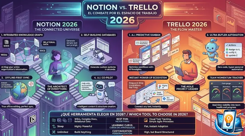 Notion vs Trello 2026: ¿Cuál es Mejor? Guía Definitiva para Elegir