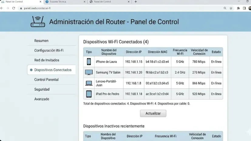Panel de control del router mostrando dispositivos conectados