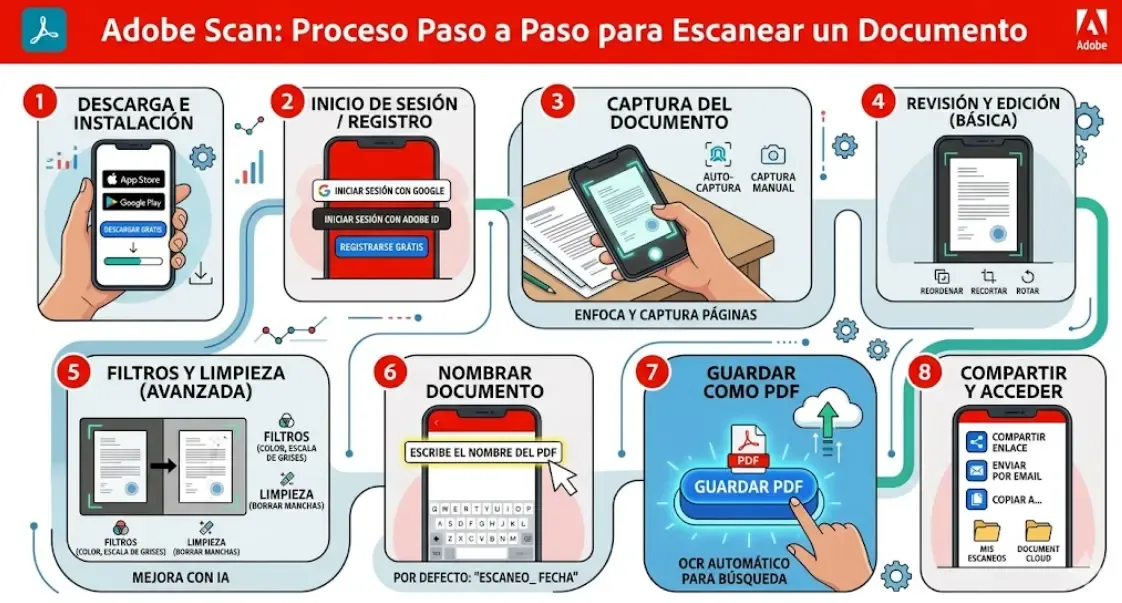 Proceso paso a paso para escanear un documento con Adobe Scan: desde la descarga hasta el PDF final