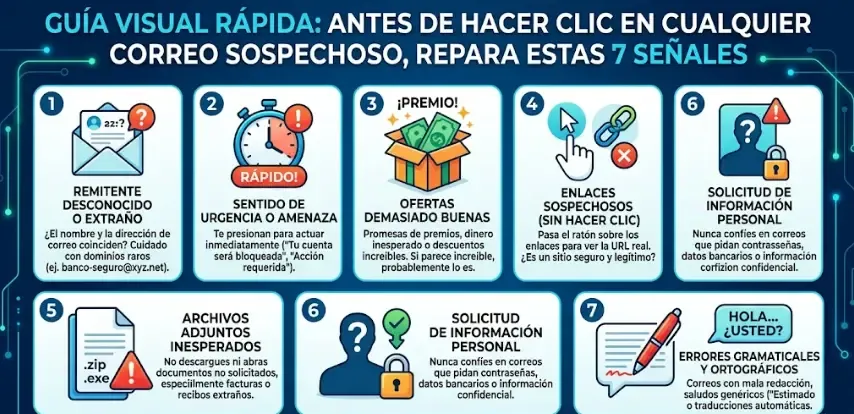 Infografía resumen: las 7 señales para detectar phishing en un solo vistazo