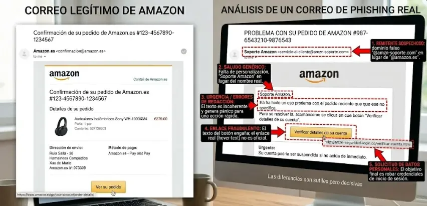 Ejemplo de correo de phishing de un banco con todas las señales de alerta marcadas