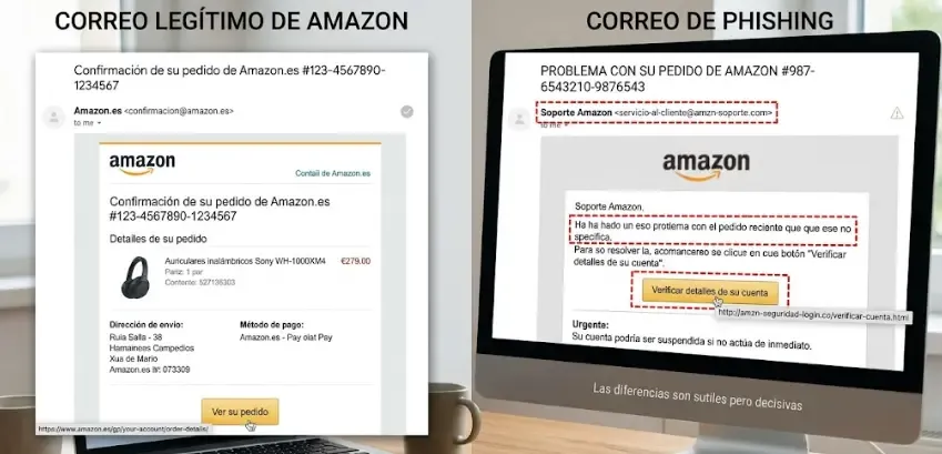 Comparativa visual entre un correo legítimo y uno de phishing