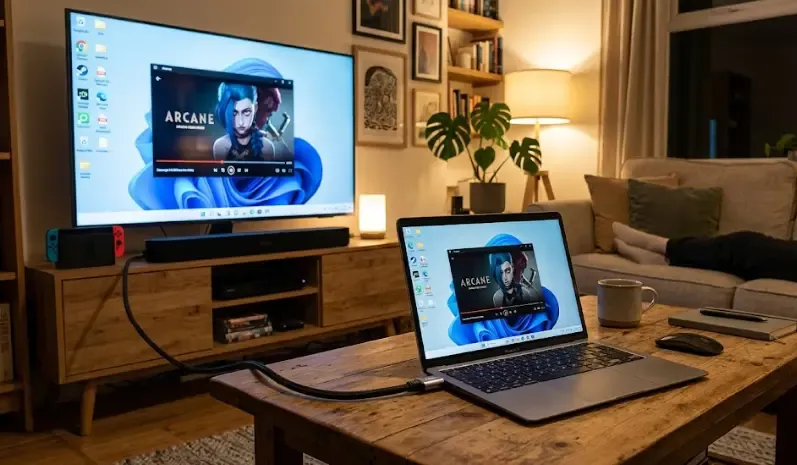 Portátil conectado a una televisión mediante cable HDMI, con la imagen duplicada en ambas pantallas