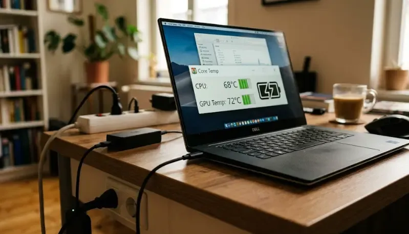 Portátil sobre una mesa con el cargador enchufado, mostrando la temperatura en la pantalla