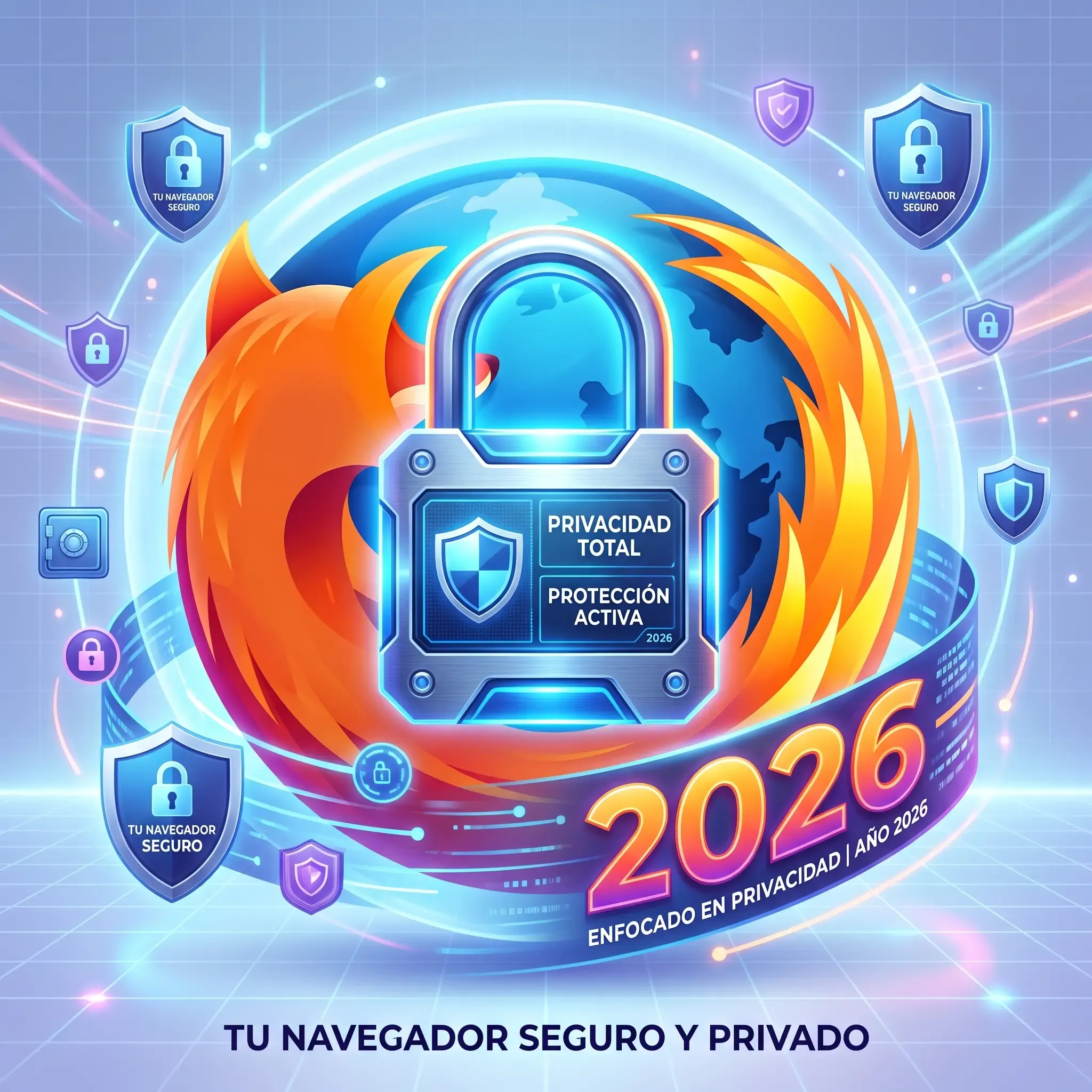 Ilustración de un candado de seguridad sobre el logotipo de Firefox, destacando la privacidad en 2026