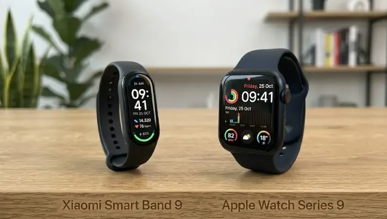 Comparativa visual entre una pulsera de actividad (Xiaomi Smart Band) y un smartwatch (Apple Watch) en una muñeca
