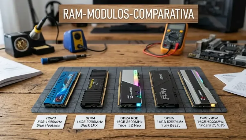 Comparativa visual de módulos de RAM DDR4 y DDR5 para ordenador