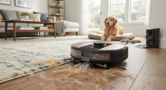 Robot aspirador recogiendo pelo de mascota