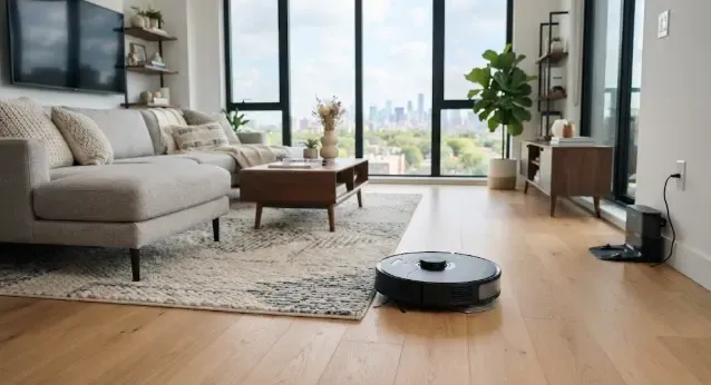 Robot aspirador limpiando una habitación moderna