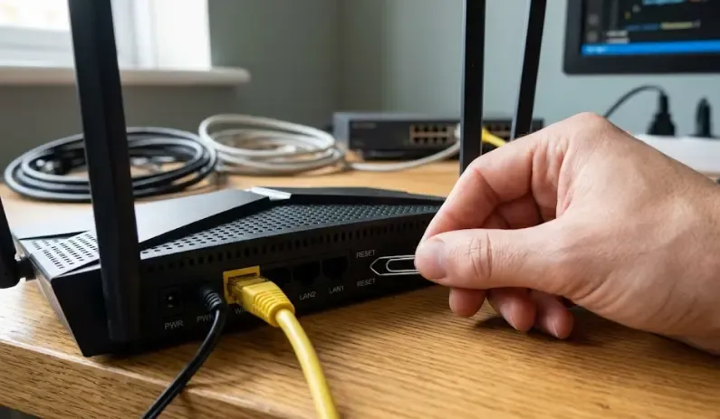 Botón de reset en un router presionado con un clip