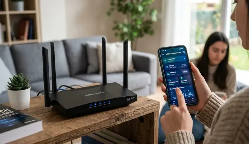 Router moderno con app de control en el móvil