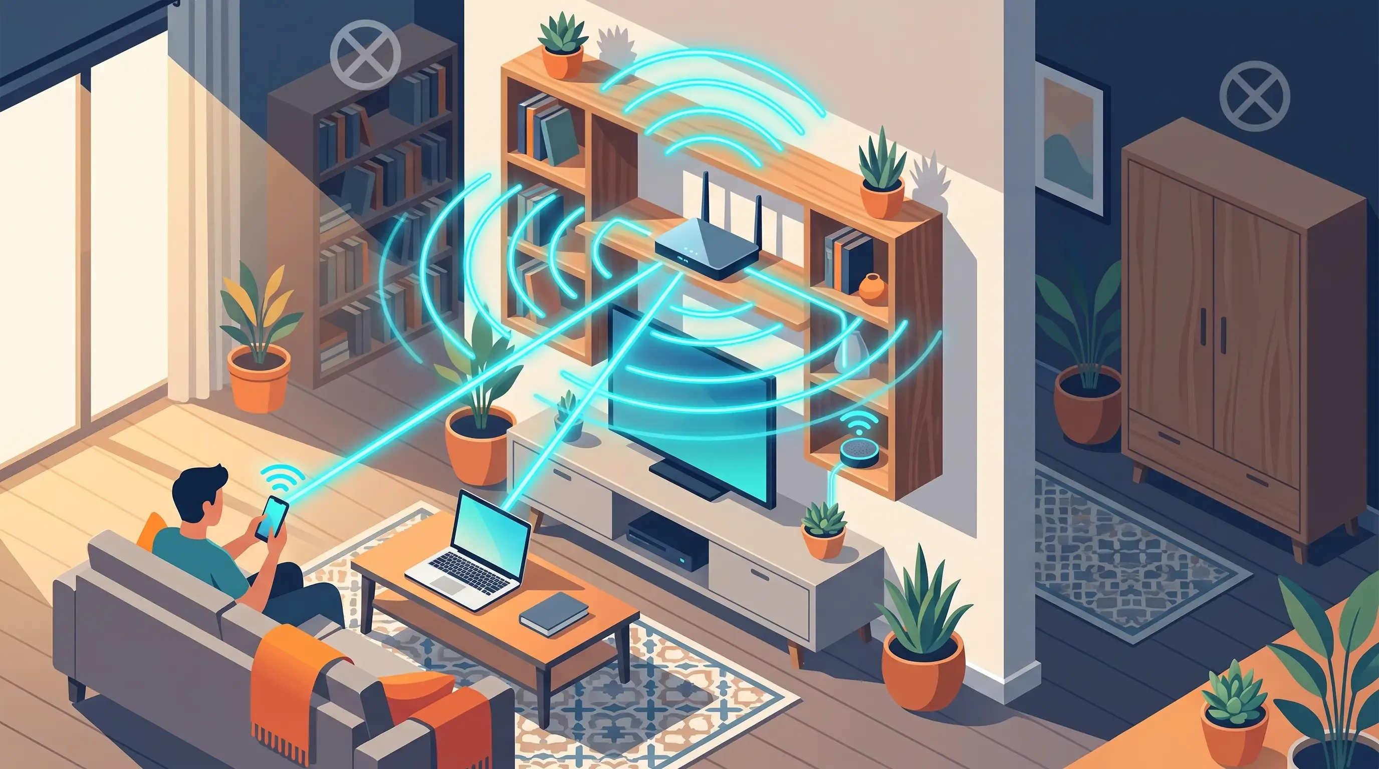Router Wi-Fi 6 colocado correctamente en una estantería abierta del salón (2026)