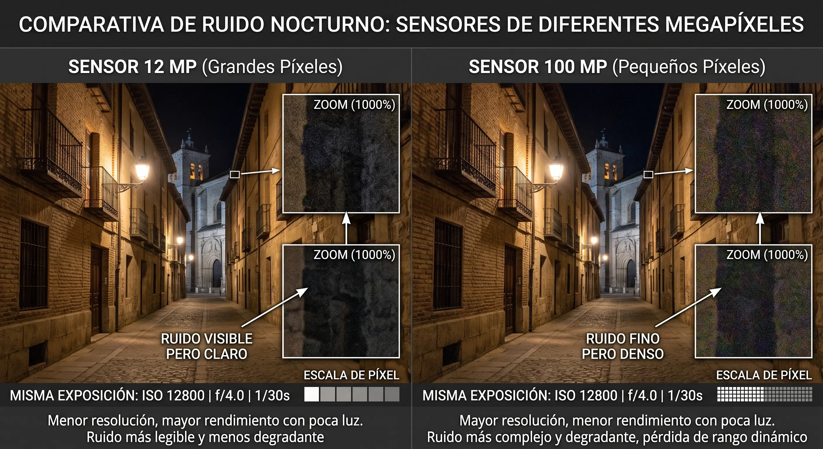 foto nocturna comparando ruido entre sensores con diferentes megapíxeles