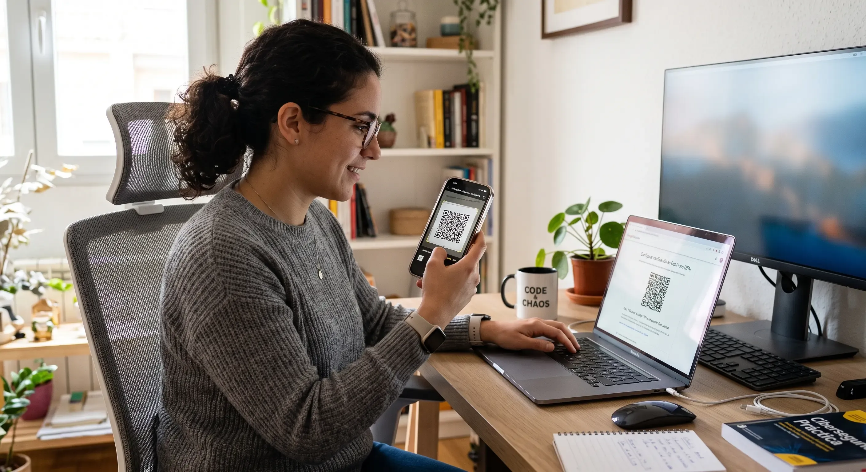 Persona configurando la verificación en dos pasos en su móvil junto al ordenador