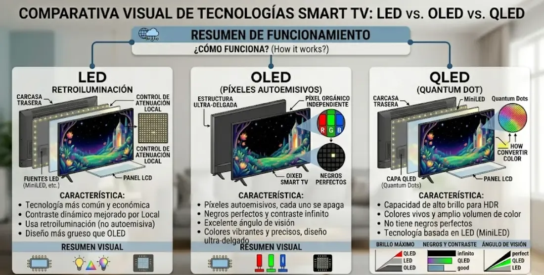 Comparativa visual de tecnologías LED, OLED y QLED en Smart TV