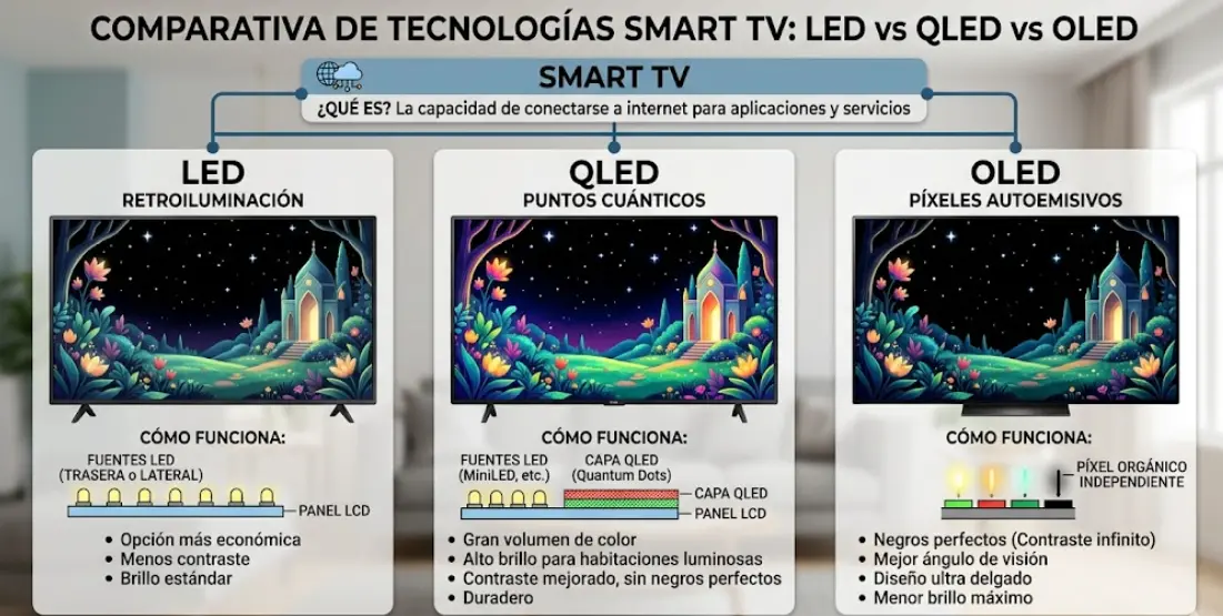 ¿No sabes si comprar una tele LED, OLED o QLED? Te explicamos las diferencias reales en lenguaje humano, con tabla comparativa, errores que evitar y cuál comprar según tu caso.