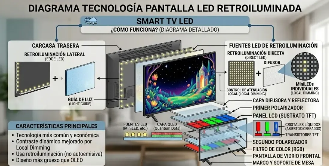 Diagrama tecnología pantalla LED retroiluminada