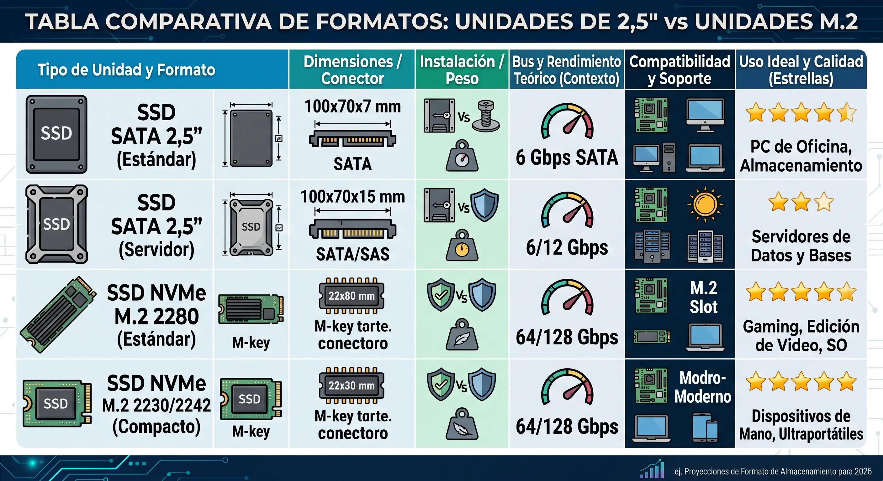 SSD NVMe M.2 y SSD SATA de 2,5 pulgadas comparados por formato