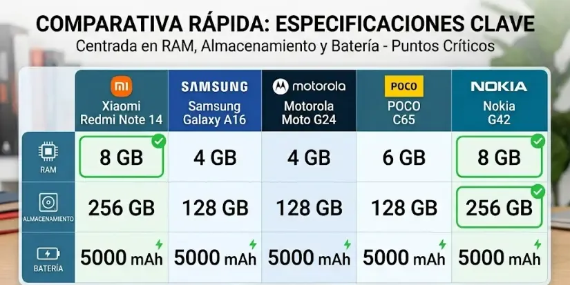 Tabla de especificaciones comparativa de los 5 móviles recomendados