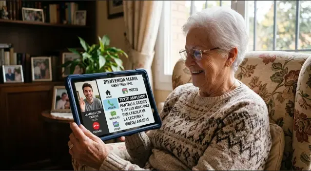 Tablet para personas mayores: pantalla grande y letras ampliadas para facilitar la lectura y las videollamadas.