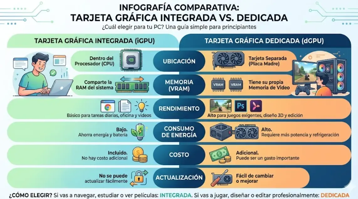 Infografía comparativa entre tarjeta gráfica integrada y dedicada para principiantes