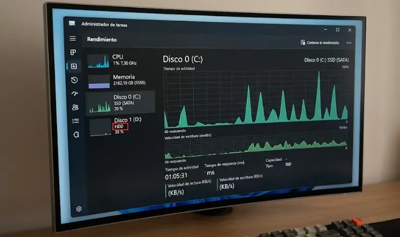 Administrador de tareas mostrando el tipo de disco SSD o HDD