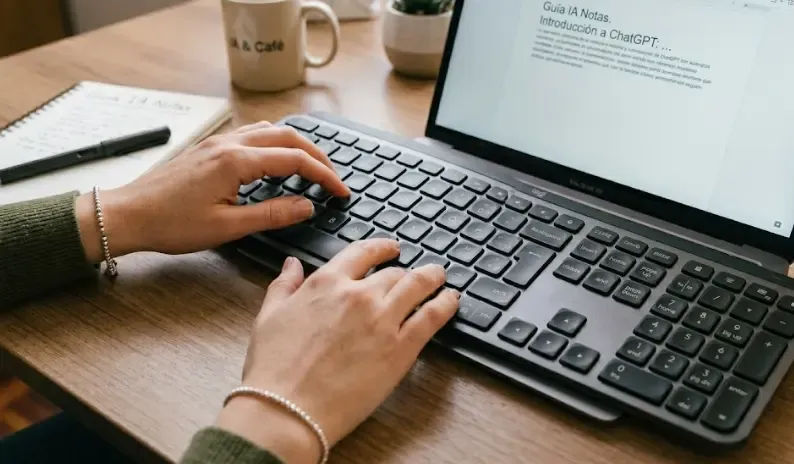 Persona escribiendo cómodamente en un teclado inalámbrico Logitech MX Keys sobre un escritorio moderno