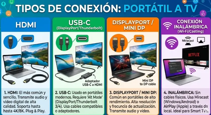 Esquema de los tipos de conexión: HDMI directo, adaptadores USB-C y DisplayPort, y conexión inalámbrica con Chromecast y Miracast