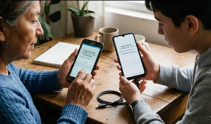 Móvil viejo y móvil nuevo conectados por cable para transferir contactos