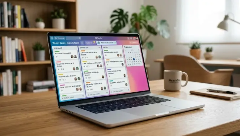 Foto de estudio de un portátil moderno en ángulo estético. La pantalla muestra un tablero Kanban de Trello con columnas "To Do", "Doing", "Done". Un Power-Up de calendario está visible en una esquina y un asistente de IA en la barra de herramientas. Fondo con bokeh de oficina en casa.