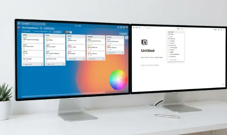 Imagen compuesta. Izquierda: captura de un Trello recién abierto con la plantilla "Personal Life". Derecha: captura de Notion con la pantalla "Crear página vacía" y la opción de base de datos. Contraste visual entre simplicidad y lienzo en blanco.