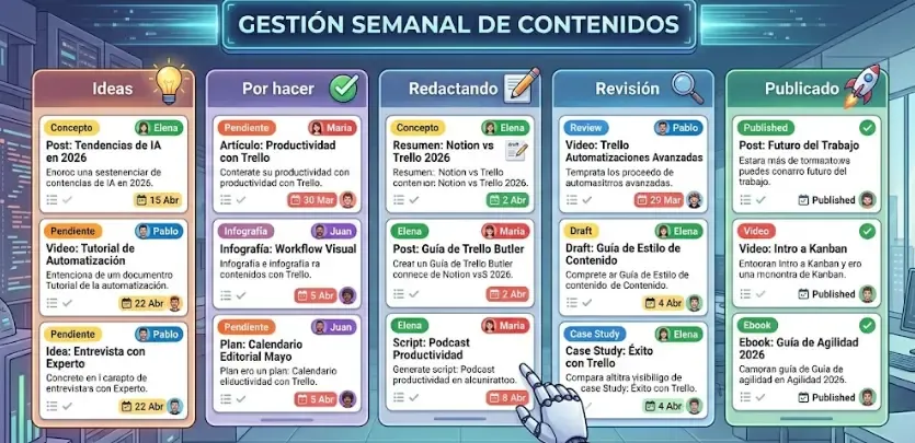 Captura real del tablero de Trello que usamos para la gestión semanal de contenidos. Columnas: "Ideas", "Por hacer", "Redactando", "Revisión", "Publicado". Cada tarjeta tiene etiquetas de color por autor y fechas de vencimiento.