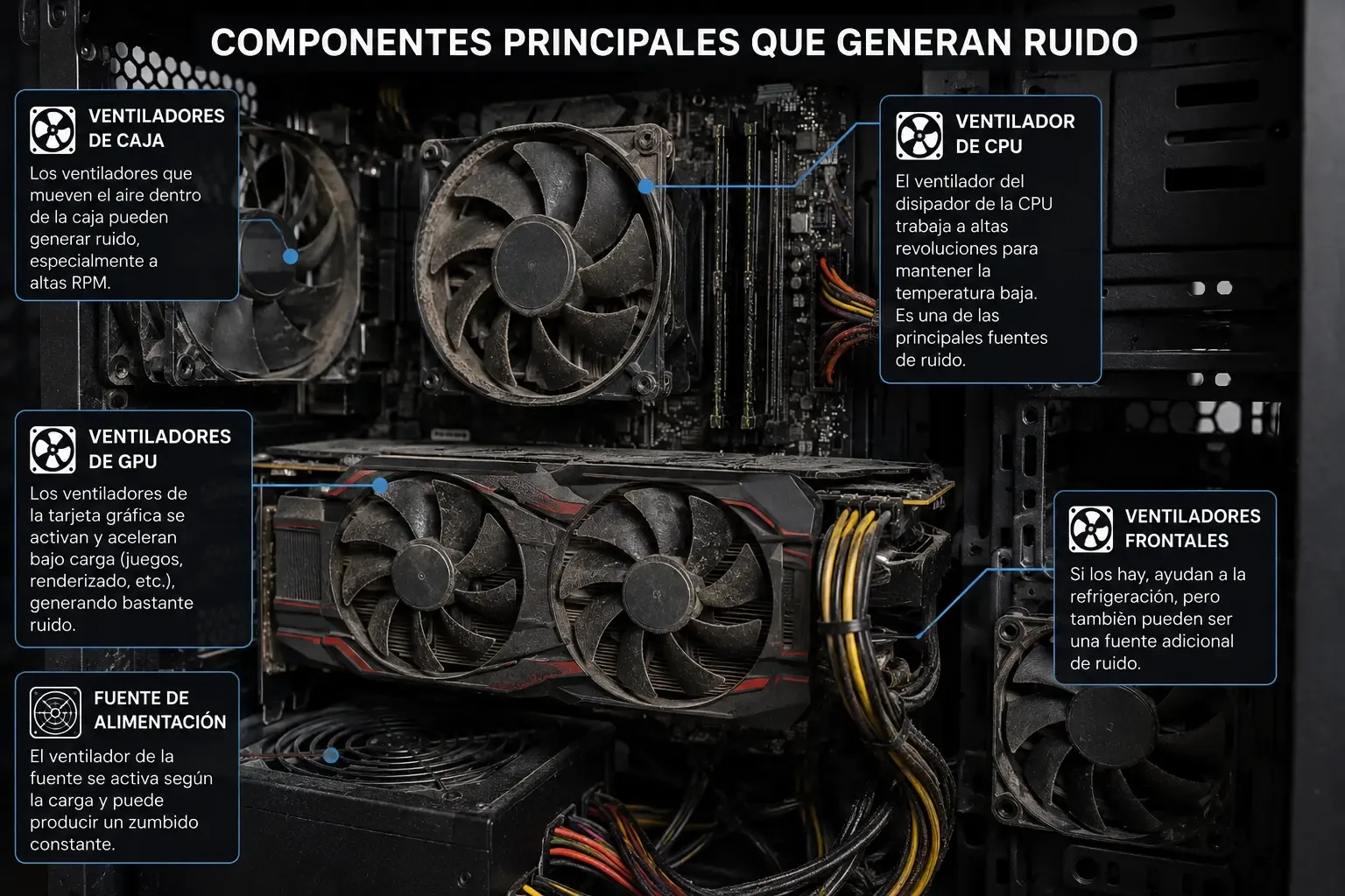 Ventilador de CPU y GPU de un ordenador de sobremesa, componentes principales que generan ruido