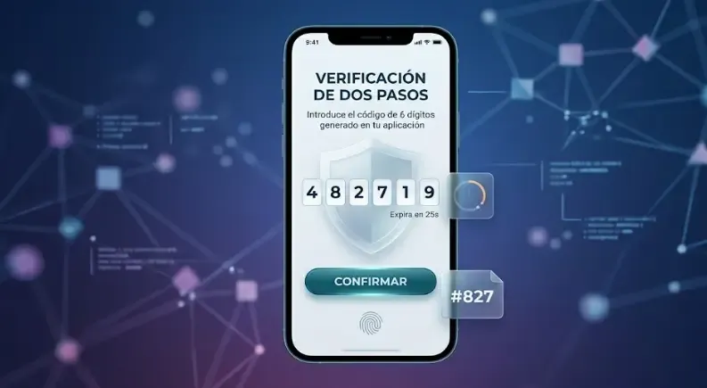 Teléfono móvil mostrando pantalla de verificación en dos pasos con código temporal y huella dactilar