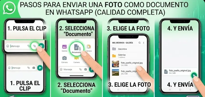 Captura de pantalla del proceso para enviar una foto como documento en WhatsApp