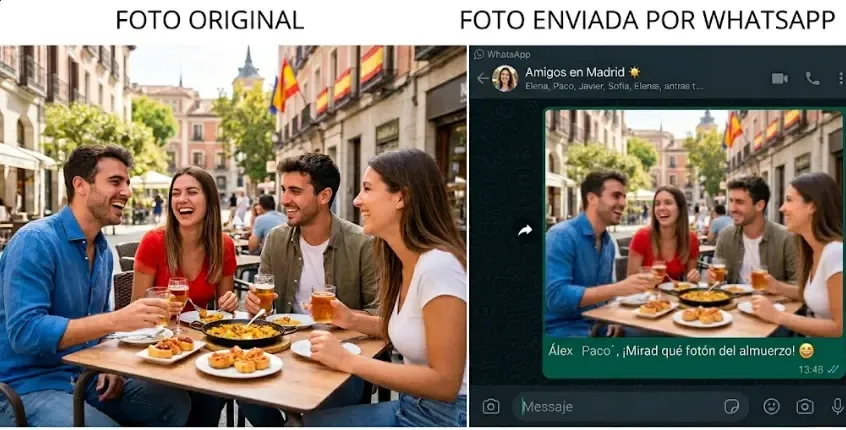 Comparativa visual entre una foto enviada por WhatsApp normal y una enviada como documento