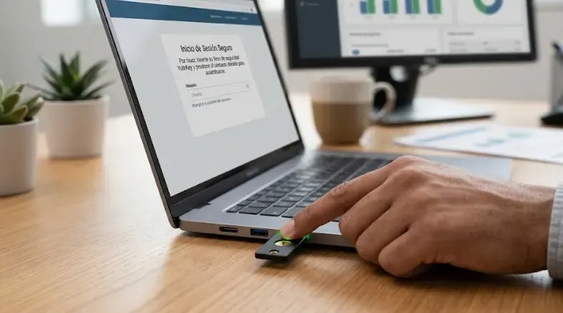 YubiKey llave de seguridad física conectada a un portátil con el gesto de autenticación